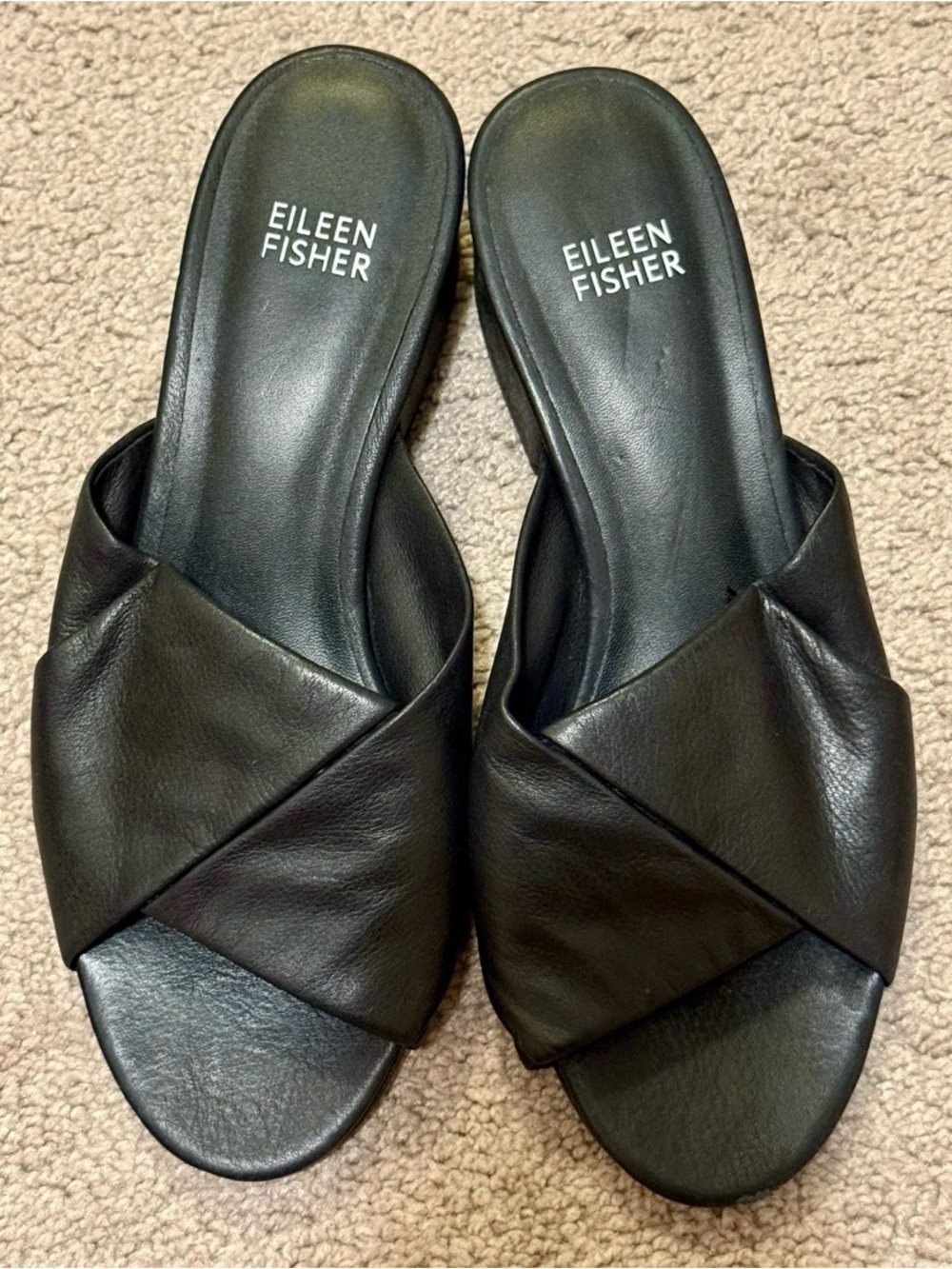 Eileen Fisher Ruche Black Leather Slide Sandals Block Heel Size 7